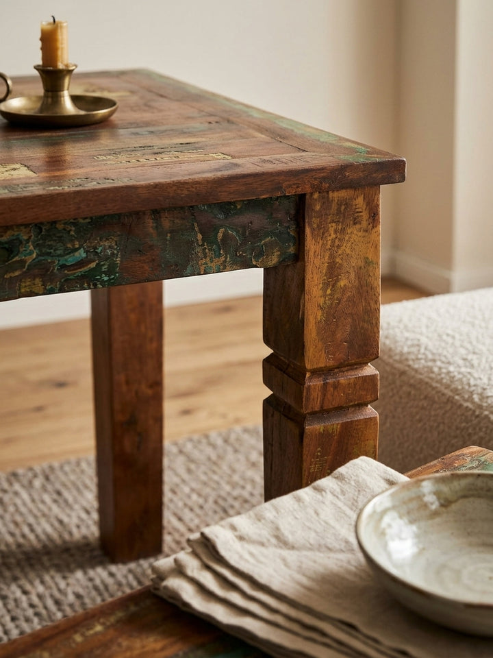 Nahaufnahme der faszinierenden Bootsholz Oberfläche des Mango Massivholz Tisches. Die einzigartige Shabby Chic Textur mit Farbresten in Grün und Blau macht jeden Esstisch zum Unikat._