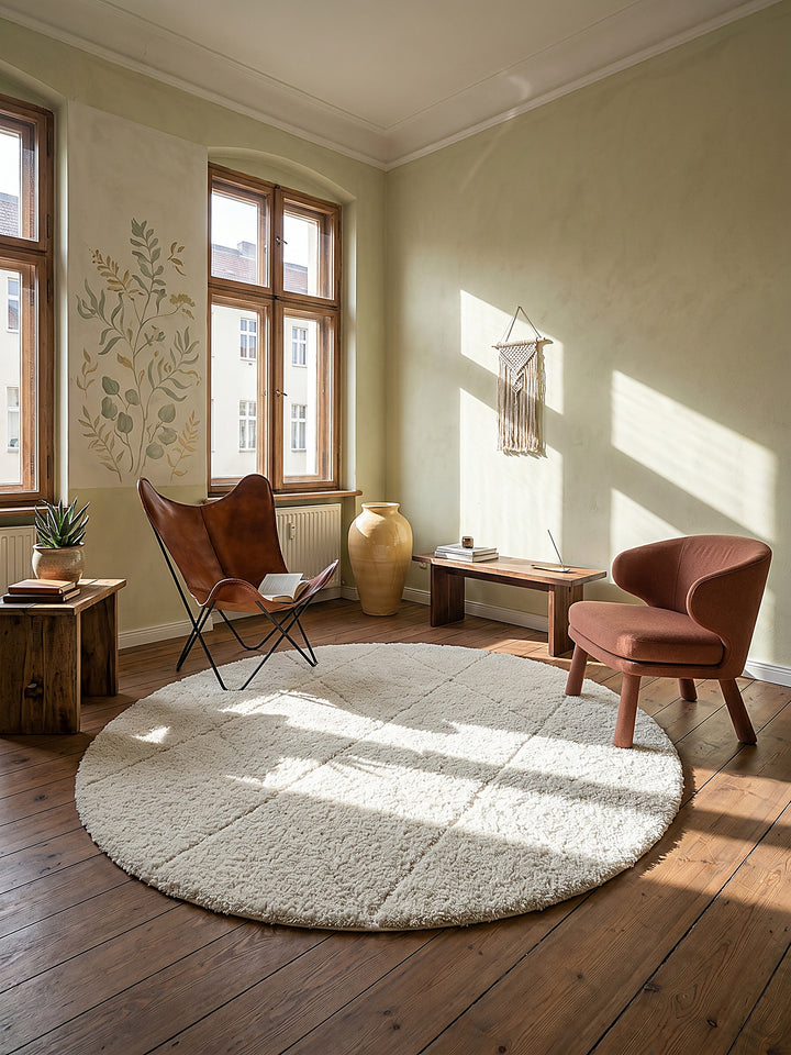 Teppich Creme rund im modernen Wohnzimmer_