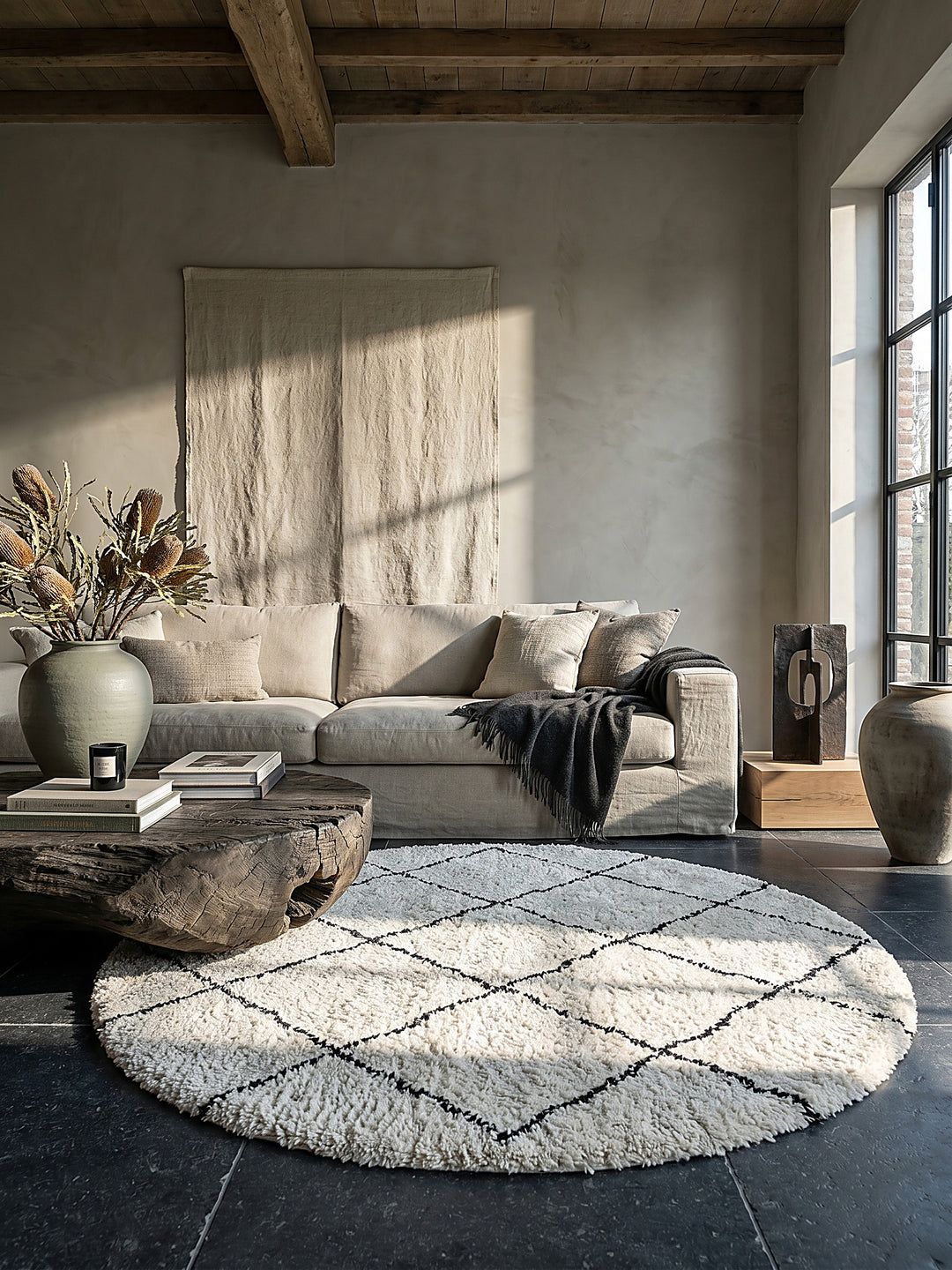 Teppich Schwarz rund im modernen Wohnzimmer_