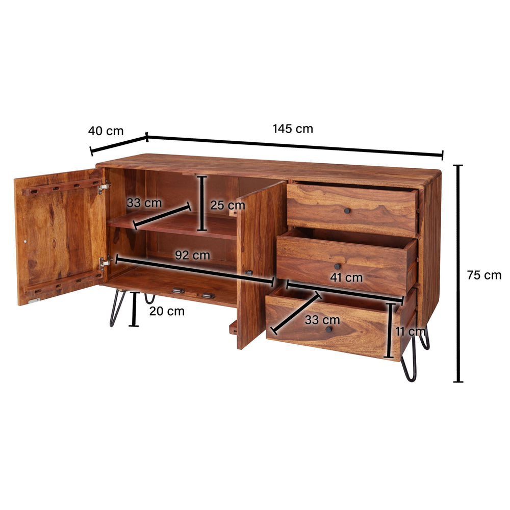 Sheesham Sideboard_ 145x75x40 cm_ Landhausstil_ 3 Schubladen &amp; 2 Türen_ Haarnadelbeine - KADIMA DESIGN_Größe_ 145x40x75 cm_