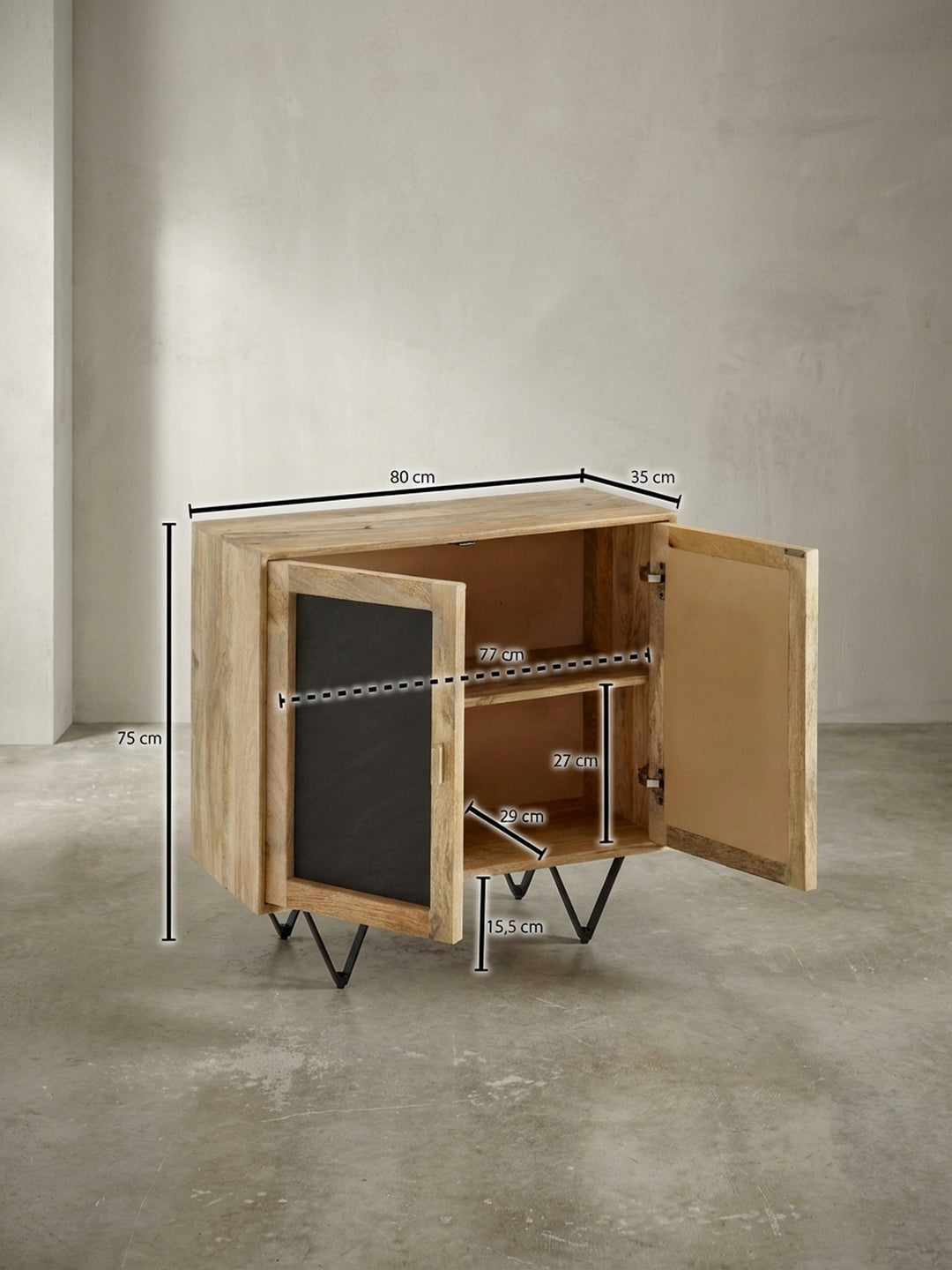 Technisches Maßbild des Sideboards mit allen relevanten Abmessungen: Breite 80 cm, Höhe 75 cm, Tiefe 35 cm, für eine exakte Planung im Esszimmer oder Wohnzimmer._