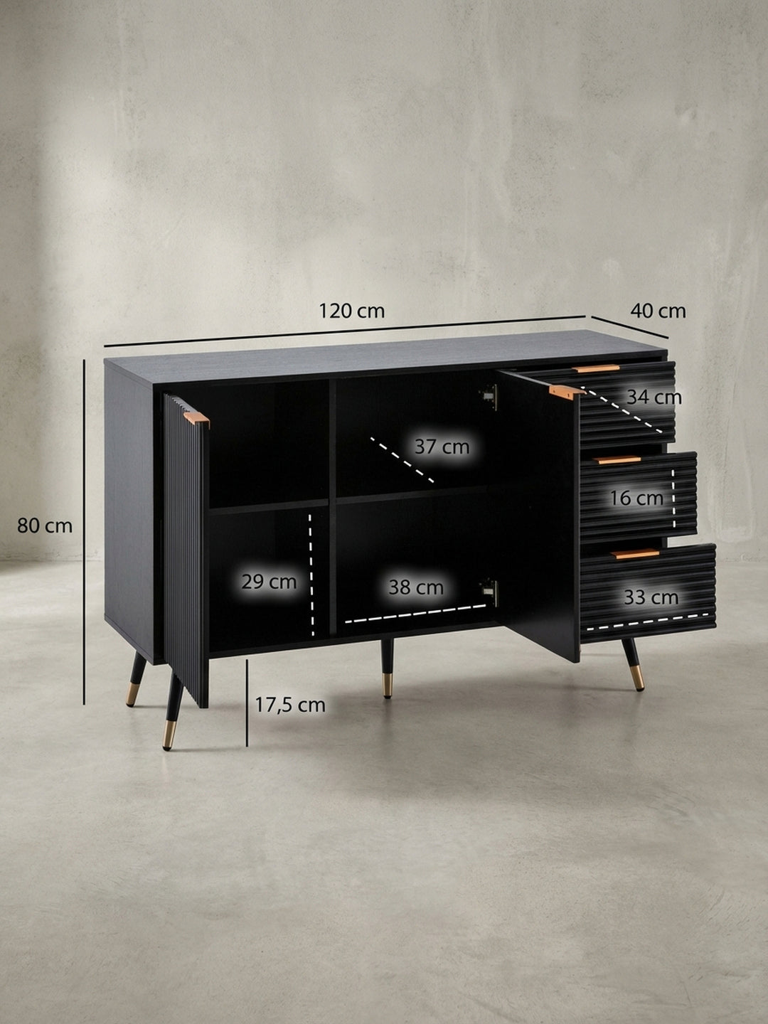 Technische Zeichnung des Sideboards mit allen exakten Maßen: Breite 120 cm, Höhe 80 cm, Tiefe 40 cm, inklusive Innenmaßen der Fächer und Schubladen._