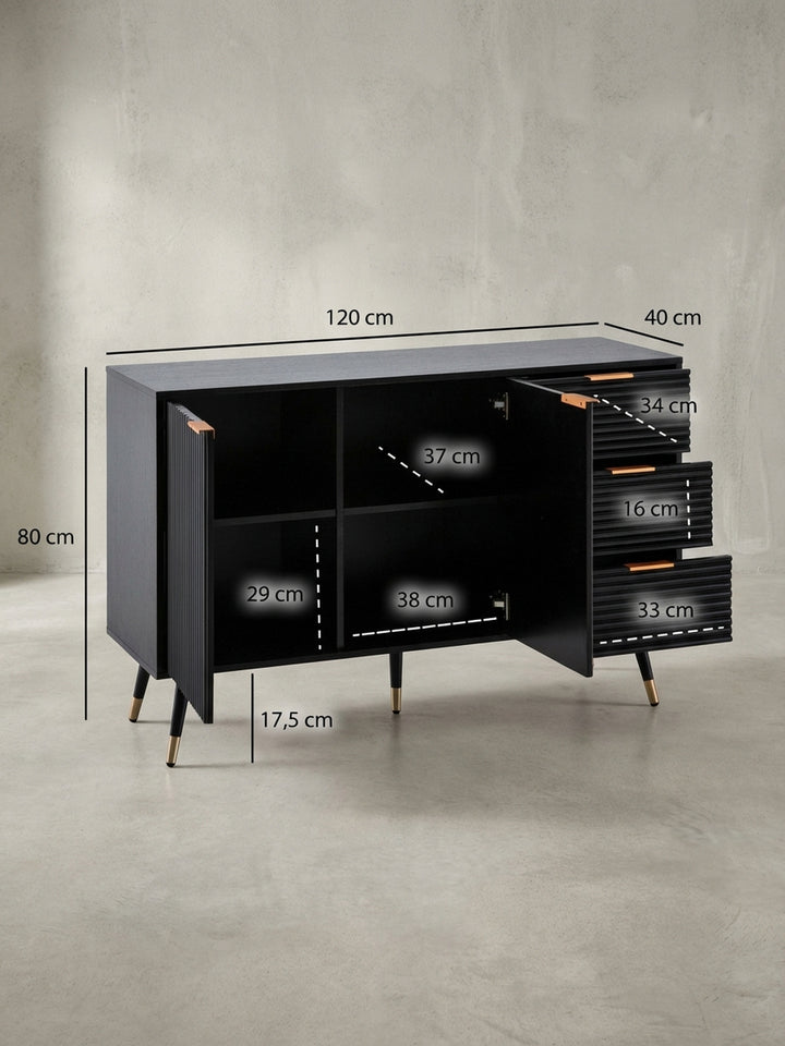 Technische Zeichnung des Sideboards mit allen exakten Maßen: Breite 120 cm, Höhe 80 cm, Tiefe 40 cm, inklusive Innenmaßen der Fächer und Schubladen._
