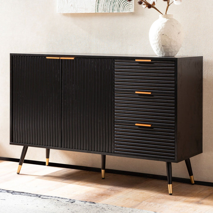 Sideboard – Schwarz/Eiche-Dekor, 120x80x40 cm, mit Türen und Schubladen, Metallbeine