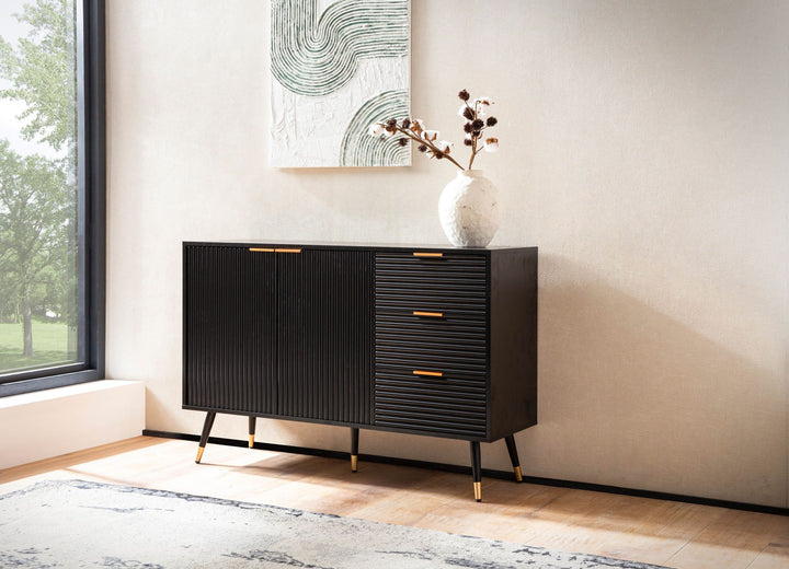 Sideboard – Schwarz/Eiche-Dekor, 120x80x40 cm, mit Türen und Schubladen, Metallbeine