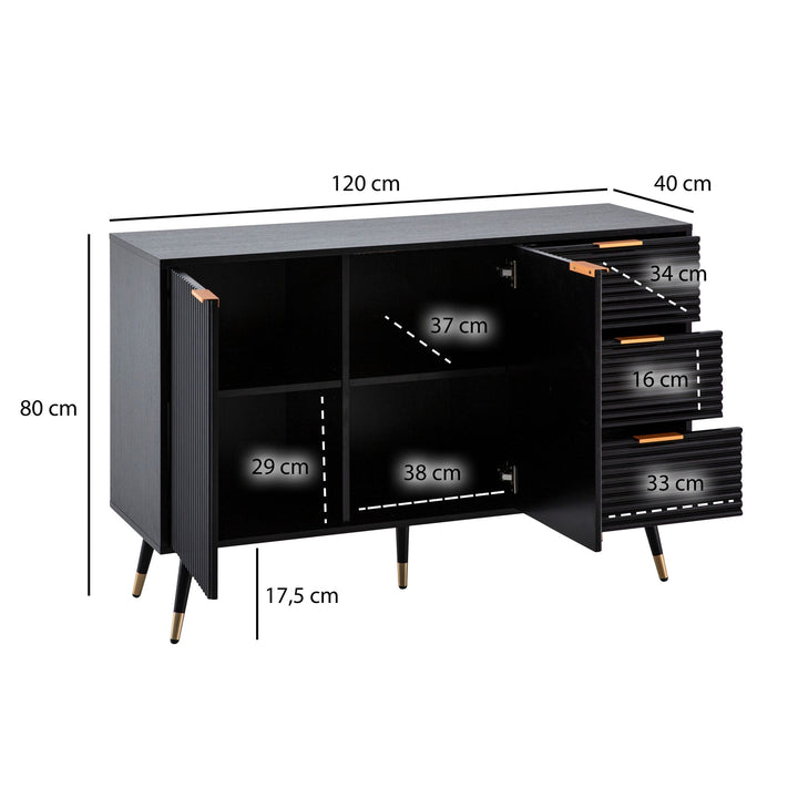 Sideboard – Schwarz/Eiche-Dekor, 120x80x40 cm, mit Türen und Schubladen, Metallbeine