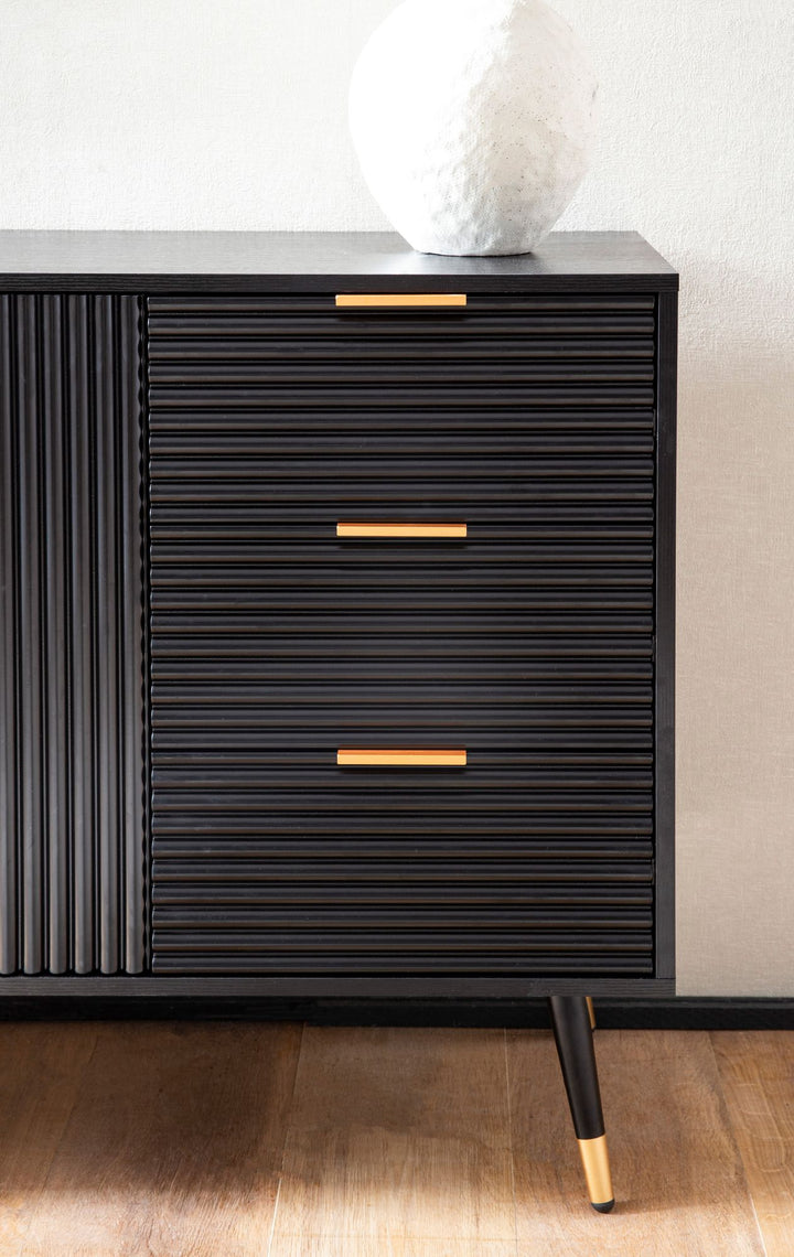 Sideboard – Schwarz/Eiche-Dekor, 120x80x40 cm, mit Türen und Schubladen, Metallbeine