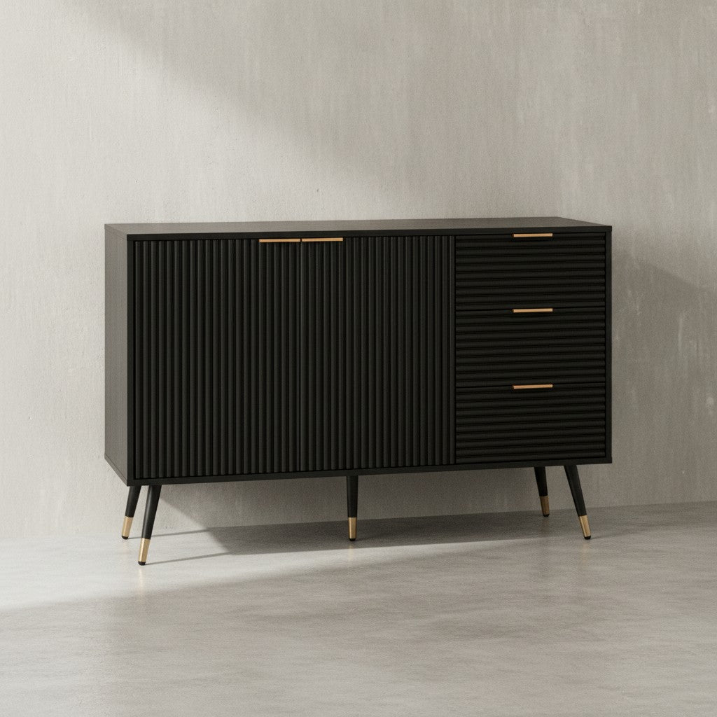 Sideboard 120x80x40 cm Anrichte Schwarz mit Eiche-Dekor - Kommode mit Türen und Schubladen - Kommodenschrank Flurschrank Modern - Standschrank Wohnzimmer Metallbeine_