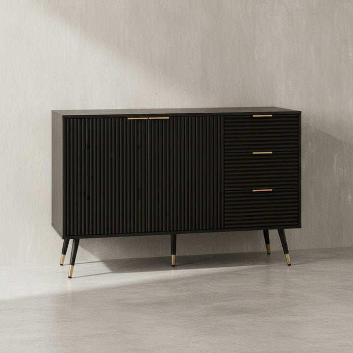 Sideboard 120x80x40 cm Anrichte Schwarz mit Eiche-Dekor - Kommode mit Türen und Schubladen - Kommodenschrank Flurschrank Modern - Standschrank Wohnzimmer Metallbeine_