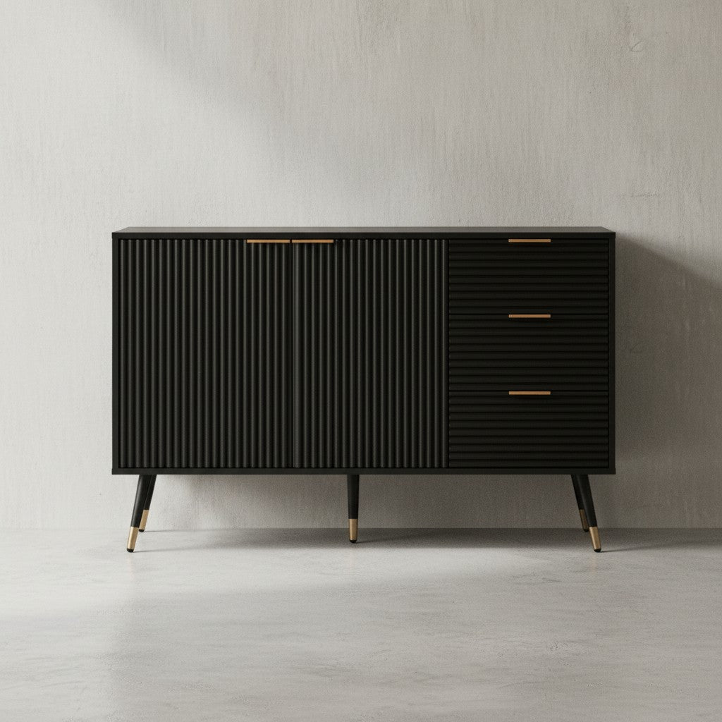 Sideboard 120x80x40 cm Anrichte Schwarz mit Eiche-Dekor - Kommode mit Türen und Schubladen - Kommodenschrank Flurschrank Modern - Standschrank Wohnzimmer Metallbeine_