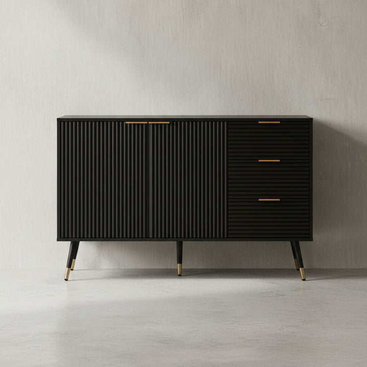 Sideboard 120x80x40 cm Anrichte Schwarz mit Eiche-Dekor - Kommode mit Türen und Schubladen - Kommodenschrank Flurschrank Modern - Standschrank Wohnzimmer Metallbeine_