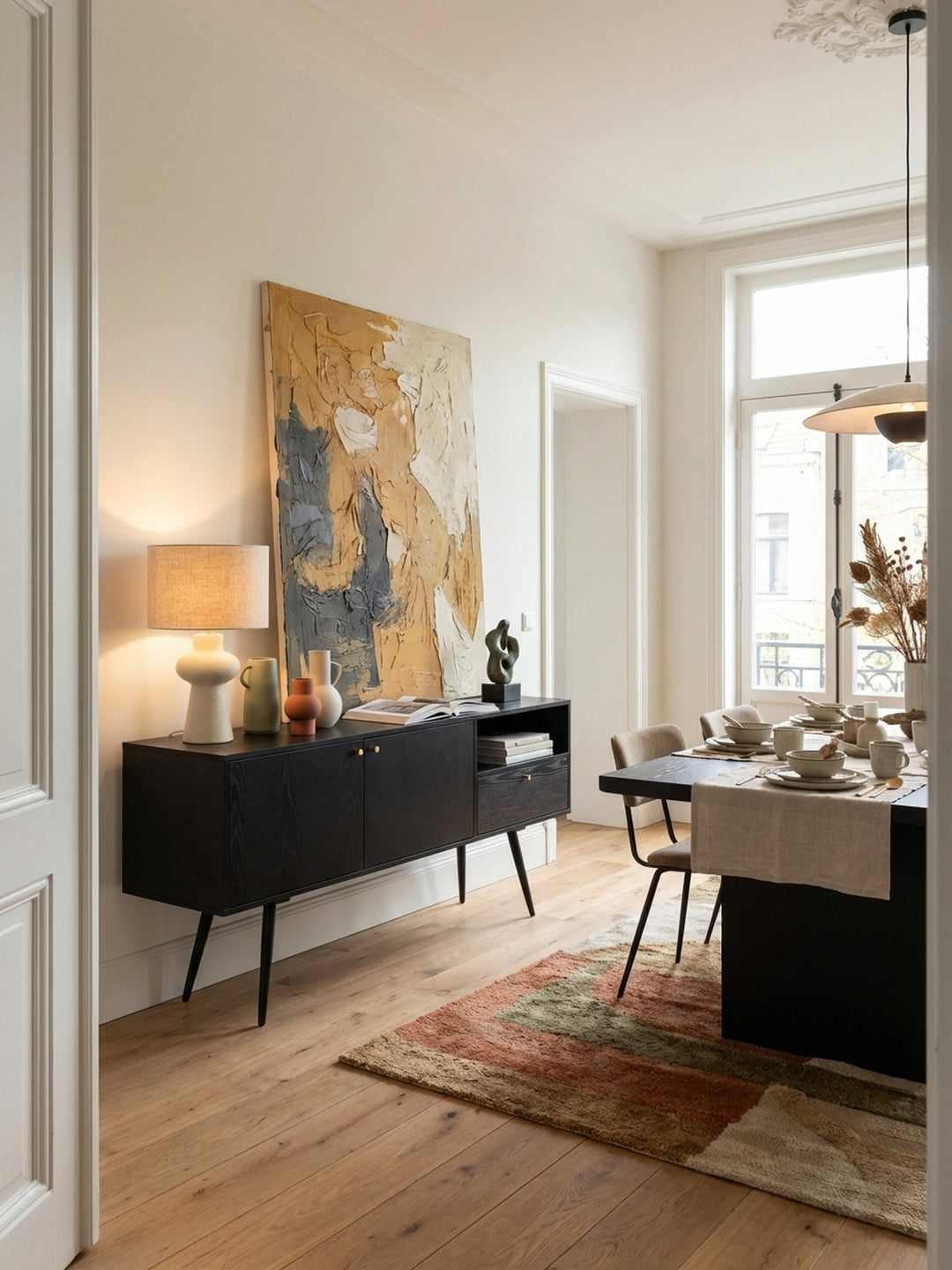 Das schwarze Sideboard mit Eiche-Dekor steht als Mittelpunkt in einem lichtdurchfluteten Altbau-Wohnzimmer auf einem abstrakten Teppich vor einer hohen Stuckleiste._