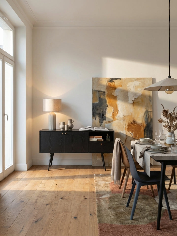 Das Sideboard aus MDF mit Eiche-Dekor neben einer Bodenvase mit Trockengräsern und einem cremefarbenen Sessel, eine elegante Kombination für das moderne Wohnzimmer._