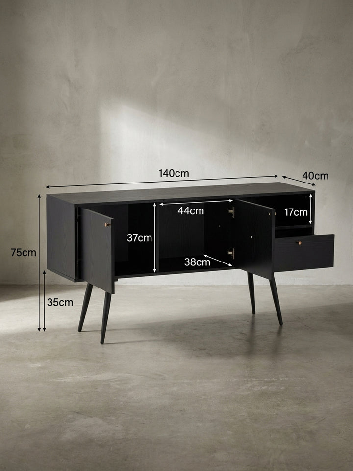 Technische Zeichnung des Sideboards mit genauen Maßangaben: Breite 140 cm, Höhe 75 cm, Tiefe 40 cm, ideal zur Planung des Platzbedarfs im Wohn- oder Esszimmer._