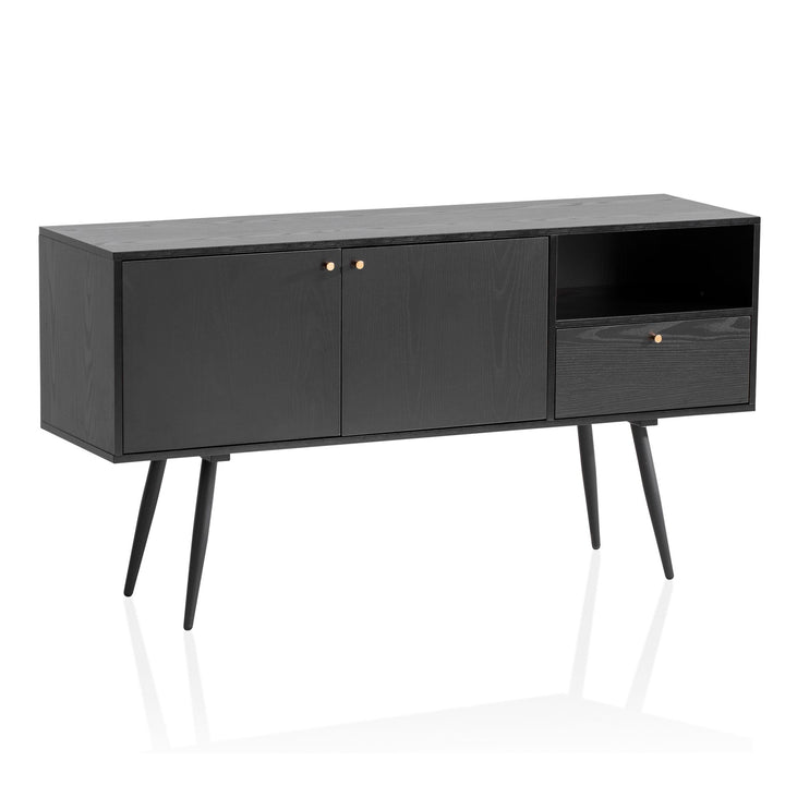 Sideboard – Schwarz/Eiche-Dekor, 140x75x40 cm, mit 2 Türen, Schublade, offenes Fach