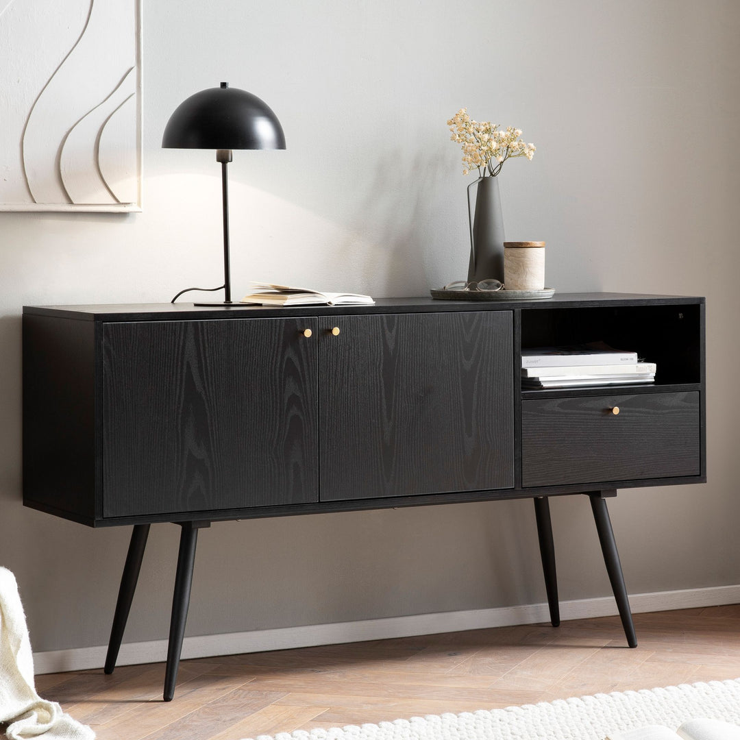 Sideboard – Schwarz/Eiche-Dekor, 140x75x40 cm, mit 2 Türen, Schublade, offenes Fach