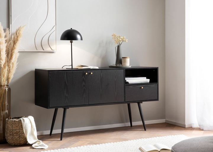 Sideboard – Schwarz/Eiche-Dekor, 140x75x40 cm, mit 2 Türen, Schublade, offenes Fach