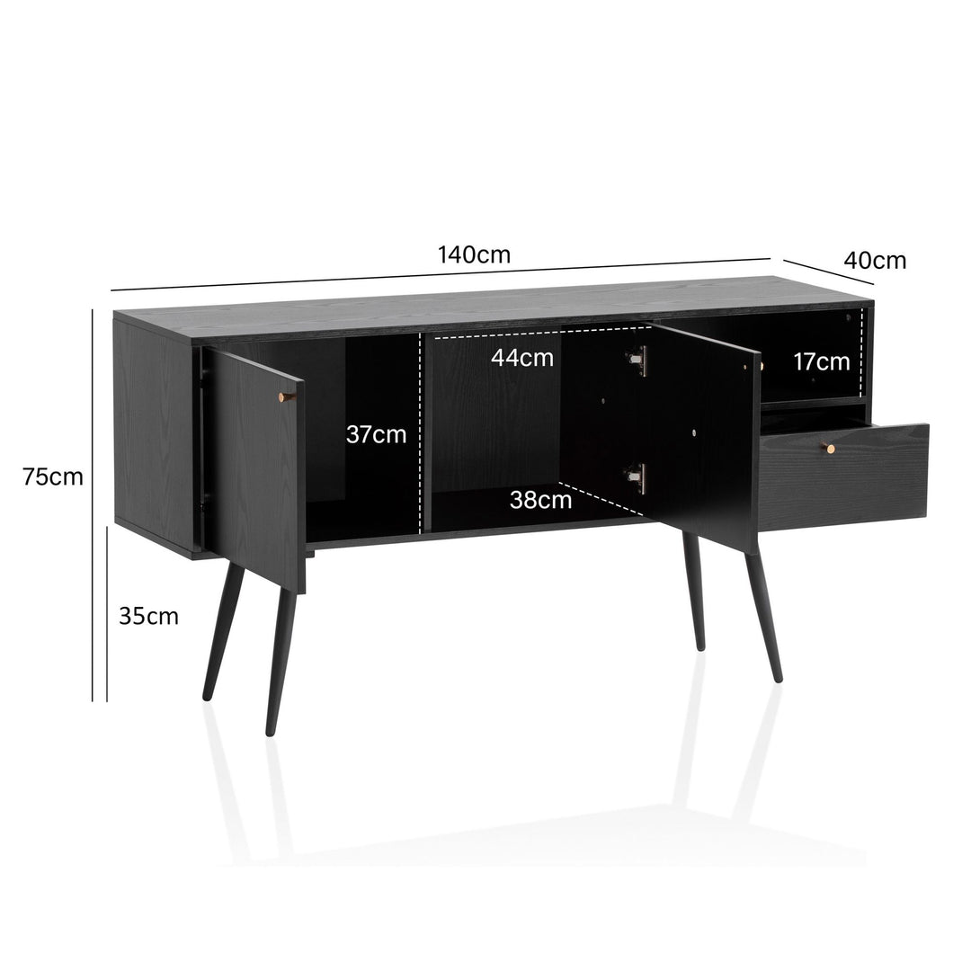 Sideboard – Schwarz/Eiche-Dekor, 140x75x40 cm, mit 2 Türen, Schublade, offenes Fach