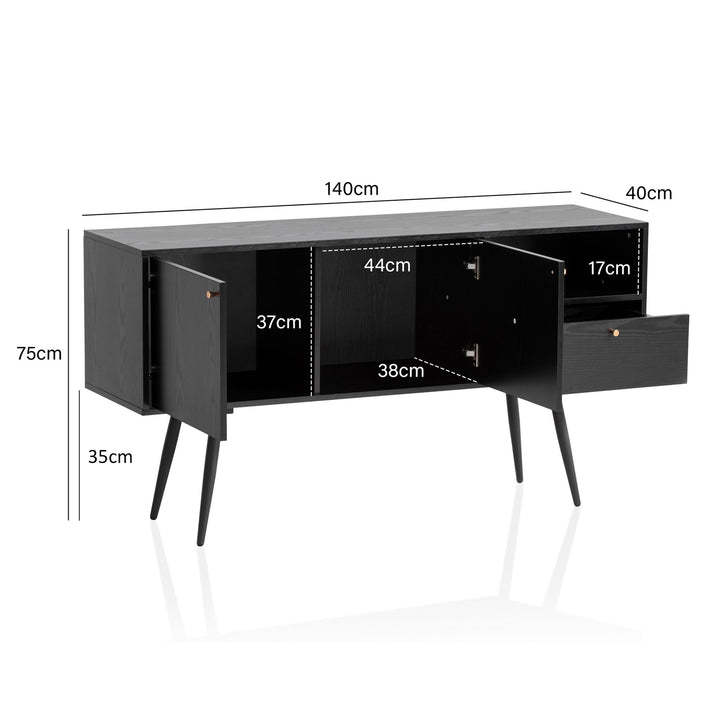 Sideboard – Schwarz/Eiche-Dekor, 140x75x40 cm, mit 2 Türen, Schublade, offenes Fach