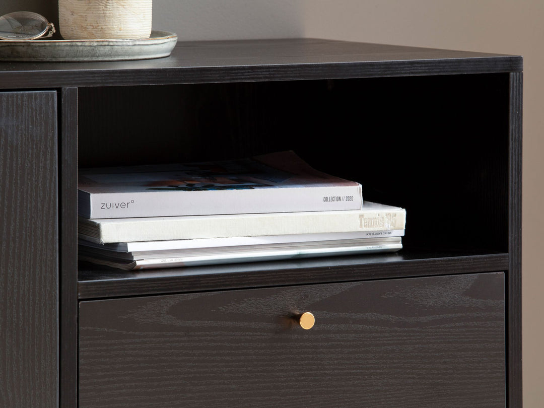 Sideboard 140x75x40 cm Kommode Schwarz mit Eiche-Dekor Zeitlos - Hoher Kommodenschrank - Standschrank Wohnzimmer mit 2 Türen und Schublade - Anrichte mit offenem Fach_