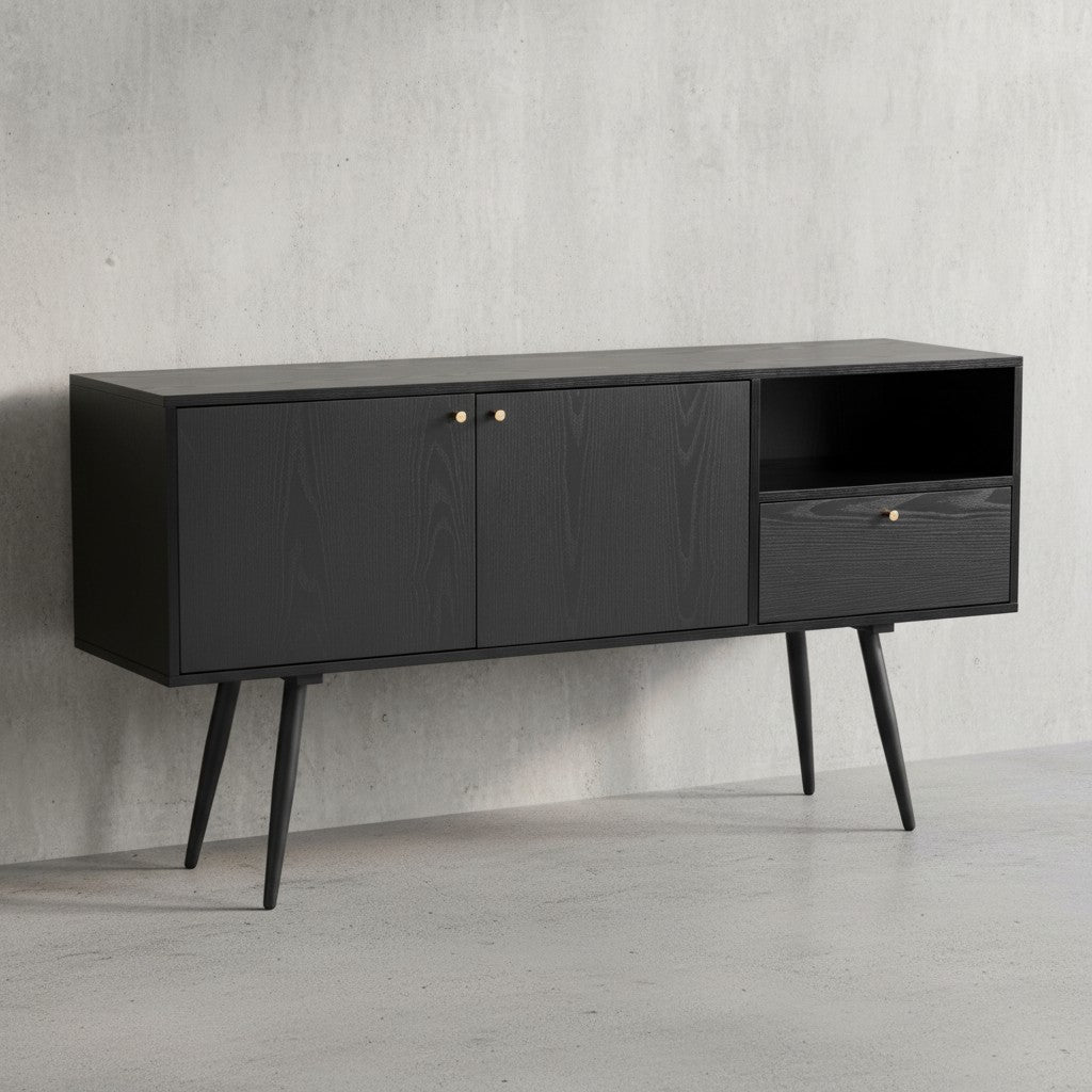 Sideboard 140x75x40 cm Kommode Schwarz mit Eiche-Dekor Zeitlos - Hoher Kommodenschrank - Standschrank Wohnzimmer mit 2 Türen und Schublade - Anrichte mit offenem Fach_