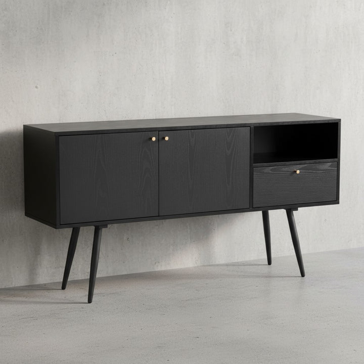 Sideboard 140x75x40 cm Kommode Schwarz mit Eiche-Dekor Zeitlos - Hoher Kommodenschrank - Standschrank Wohnzimmer mit 2 Türen und Schublade - Anrichte mit offenem Fach_