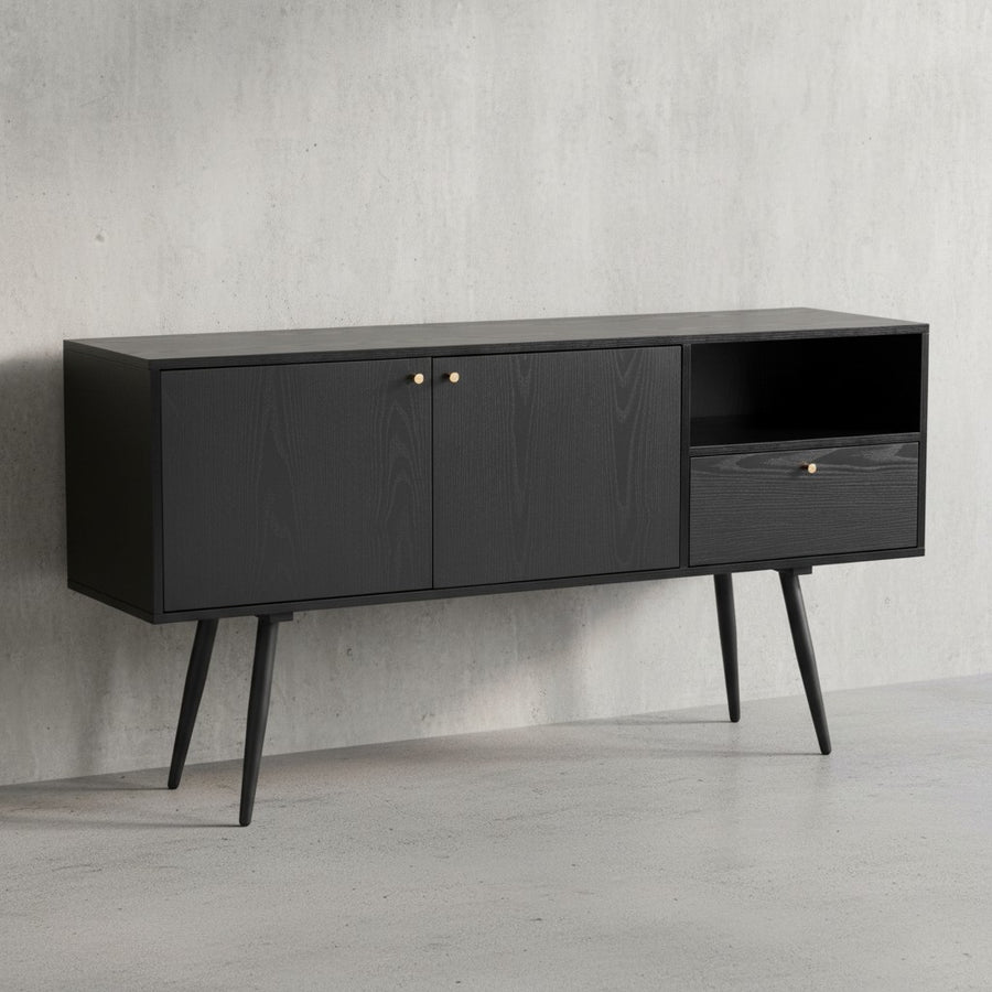 Sideboard 140x75x40 cm Kommode Schwarz mit Eiche-Dekor Zeitlos - Hoher Kommodenschrank - Standschrank Wohnzimmer mit 2 Türen und Schublade - Anrichte mit offenem Fach_