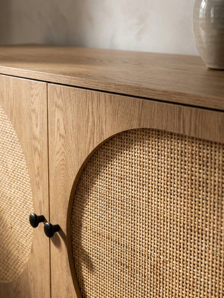 Makroaufnahme der Polyrattan-Geflechtstruktur und der markanten Eichenmaserung des Sideboards, die die hochwertige Verarbeitung der Materialien zeigt._