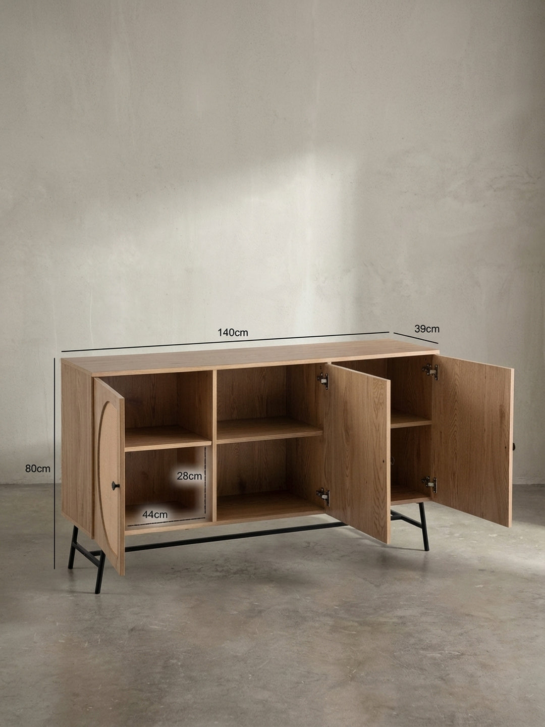 Technische Zeichnung des Sideboards mit den exakten Maßen: Breite 140cm, Höhe 80cm und Tiefe 39cm, ideal für die Raumplanung im Wohnzimmer._