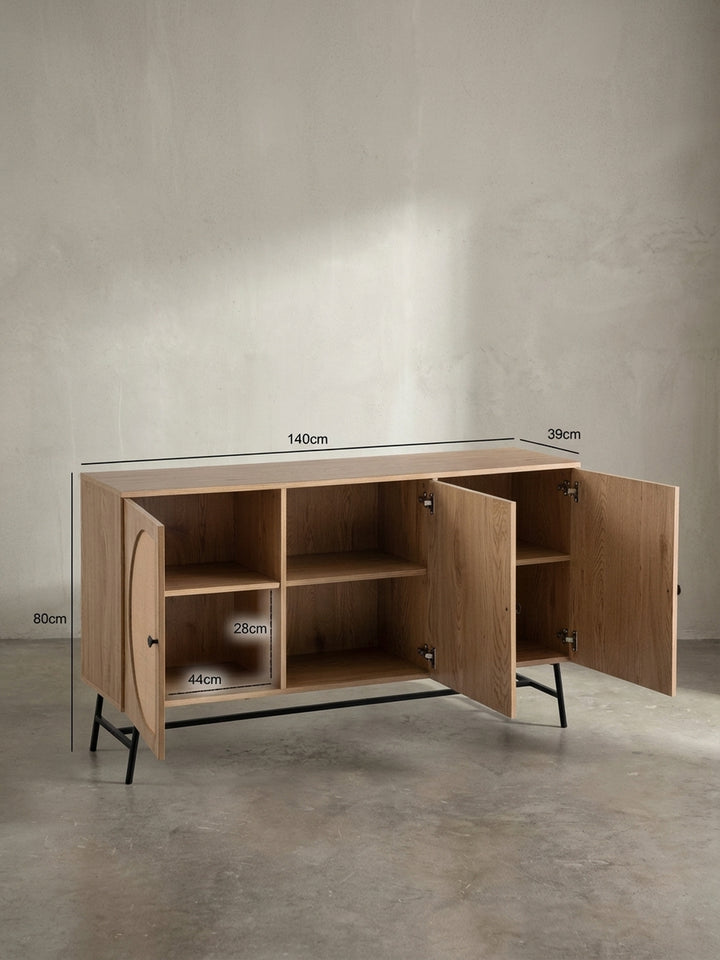 Technische Zeichnung des Sideboards mit den exakten Maßen: Breite 140cm, Höhe 80cm und Tiefe 39cm, ideal für die Raumplanung im Wohnzimmer._