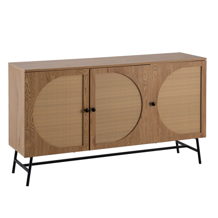Sideboard – Eiche-Dekor/Rattan, 140x80x39 cm, 3 Türen, hoch