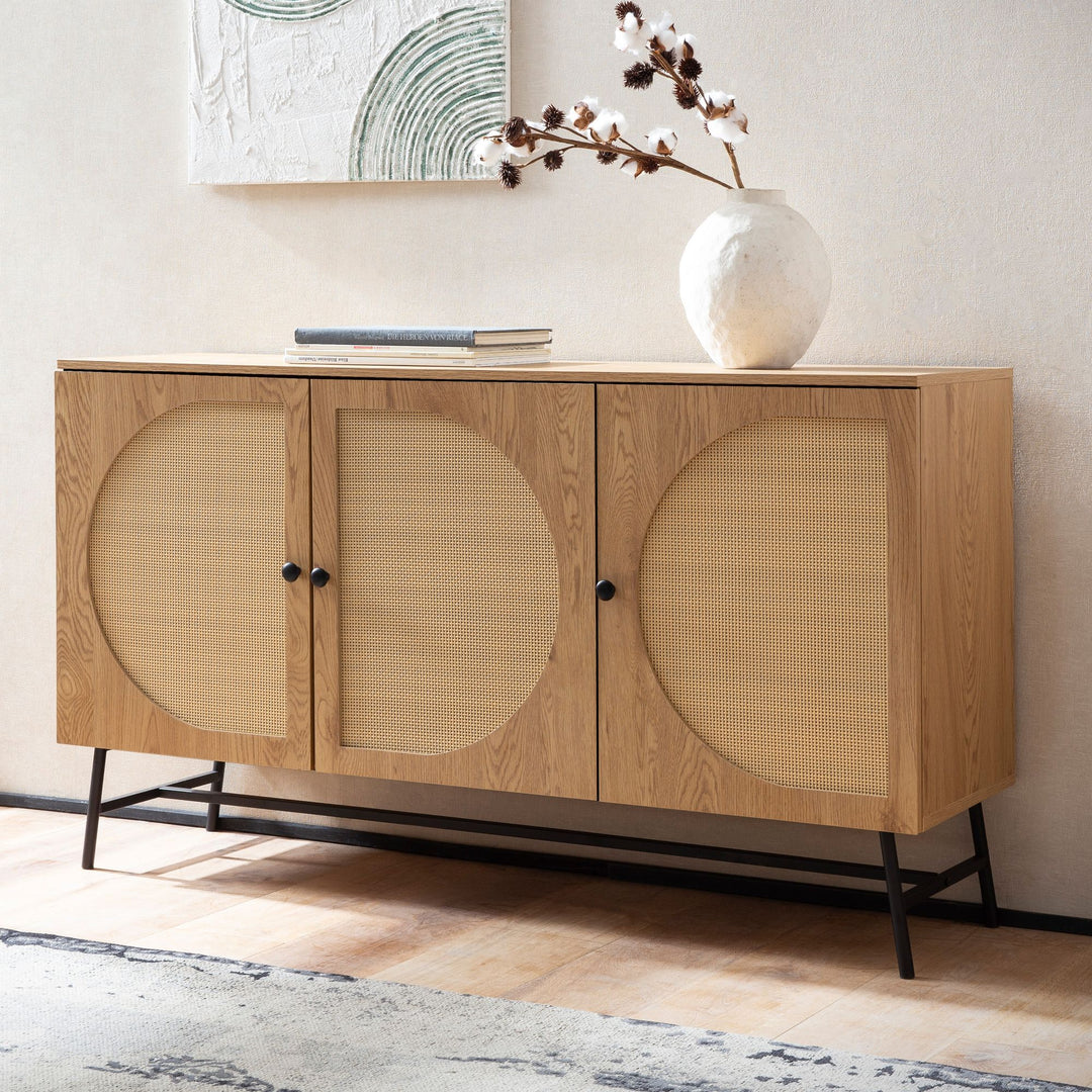 Sideboard – Eiche-Dekor/Rattan, 140x80x39 cm, 3 Türen, hoch