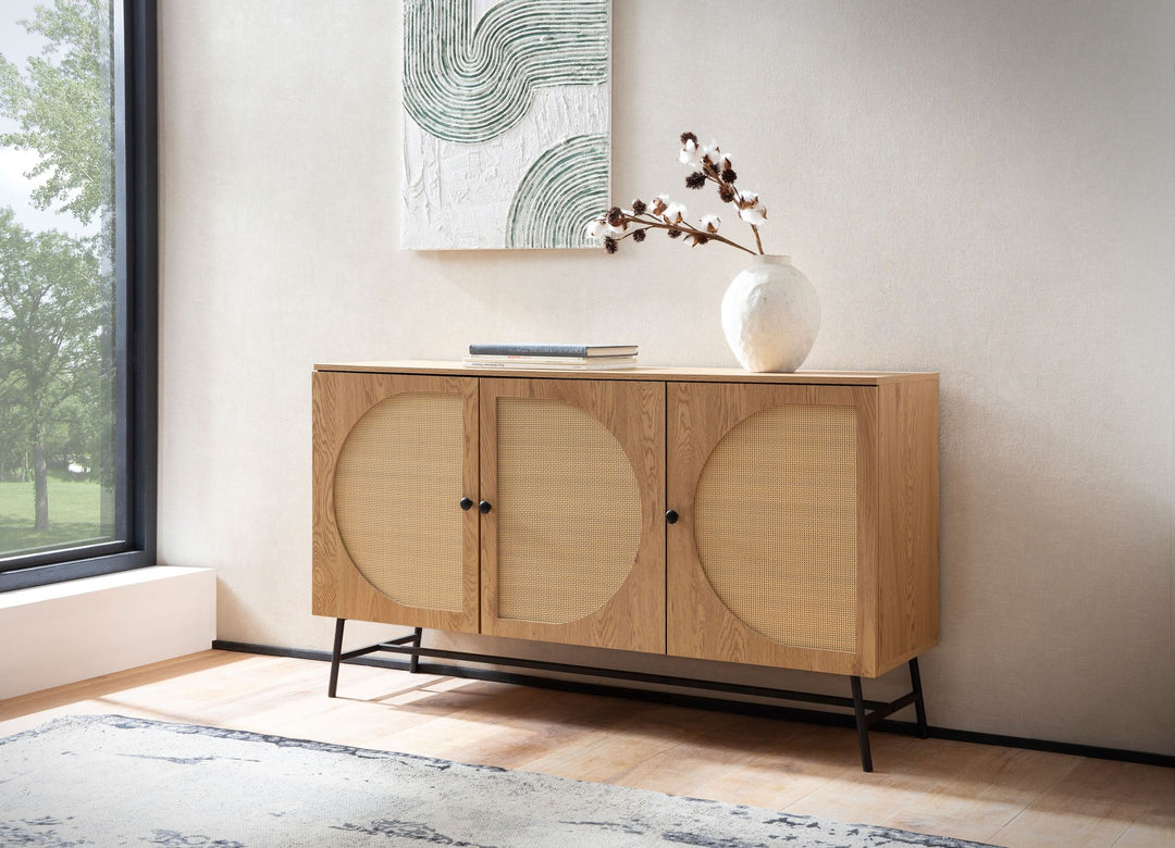 Sideboard – Eiche-Dekor/Rattan, 140x80x39 cm, 3 Türen, hoch