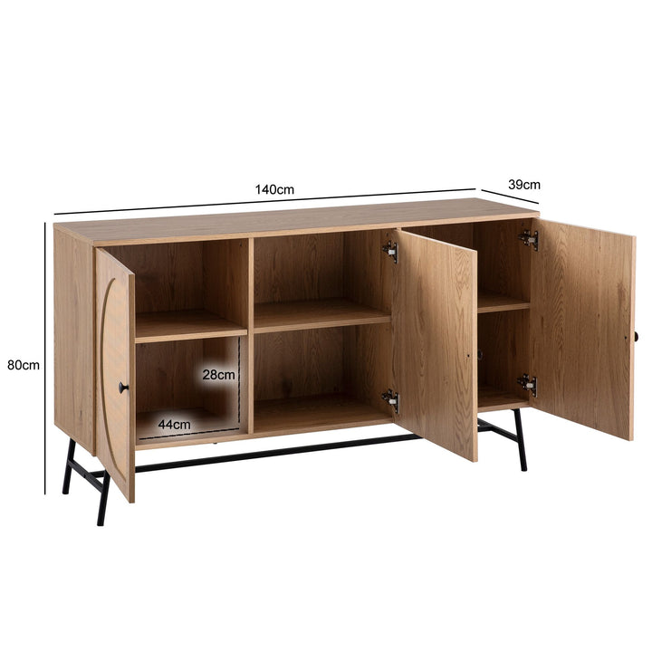 Sideboard – Eiche-Dekor/Rattan, 140x80x39 cm, 3 Türen, hoch