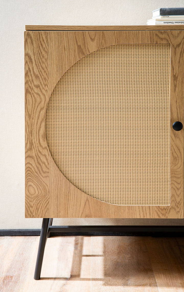 Sideboard – Eiche-Dekor/Rattan, 140x80x39 cm, 3 Türen, hoch