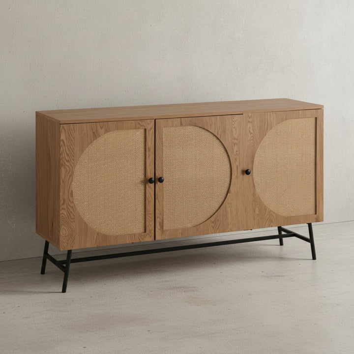Sideboard 140x80x39 cm Kommode Eiche-Dekor mit Rattan Geflecht Modern - Hoher Kommodenschrank - Standschrank mit 3 Türen - Anrichte Wohnzimmer_