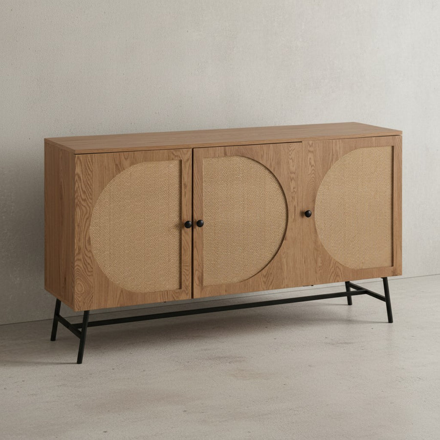 Sideboard 140x80x39 cm Kommode Eiche-Dekor mit Rattan Geflecht Modern - Hoher Kommodenschrank - Standschrank mit 3 Türen - Anrichte Wohnzimmer_