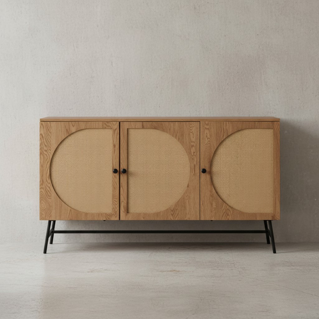 Sideboard 140x80x39 cm Kommode Eiche-Dekor mit Rattan Geflecht Modern - Hoher Kommodenschrank - Standschrank mit 3 Türen - Anrichte Wohnzimmer_