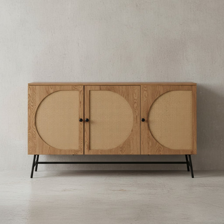 Sideboard 140x80x39 cm Kommode Eiche-Dekor mit Rattan Geflecht Modern - Hoher Kommodenschrank - Standschrank mit 3 Türen - Anrichte Wohnzimmer_