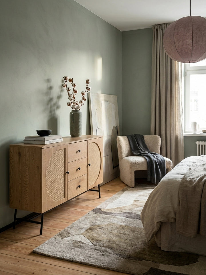 Die Kommode mit Rattantüren steht harmonisch neben einem modernen Loungesessel und schafft eine gemütliche Leseecke im Wohnzimmer._