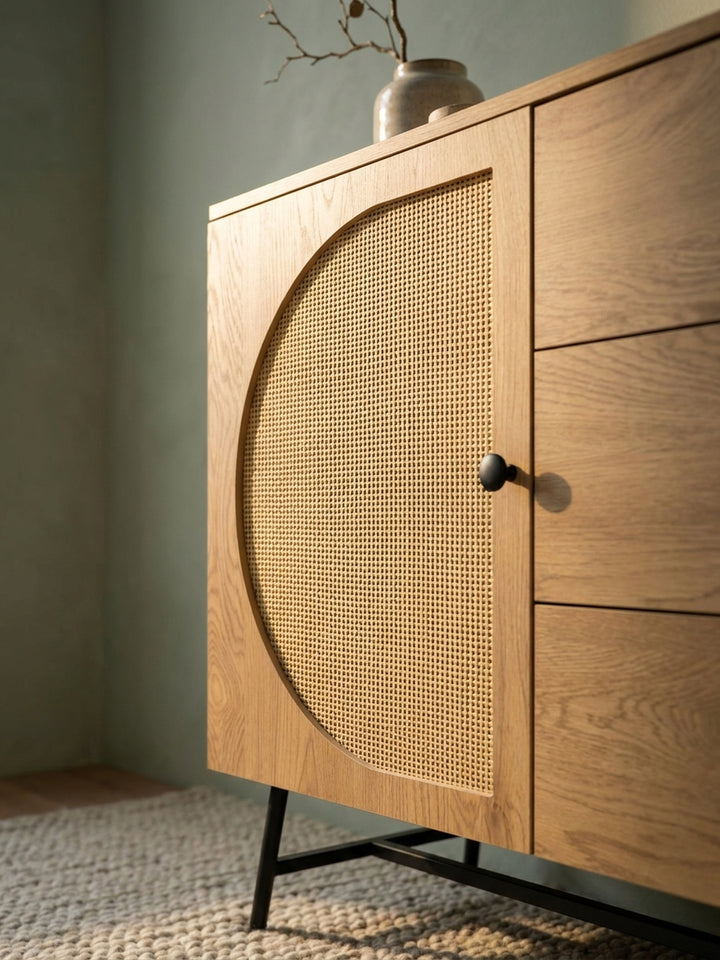 Detailaufnahme des beigefarbenen Polyrattan-Geflechts der Sideboard-Tür, die die feine Webstruktur und das natürliche, taktile Materialgefühl hervorhebt._
