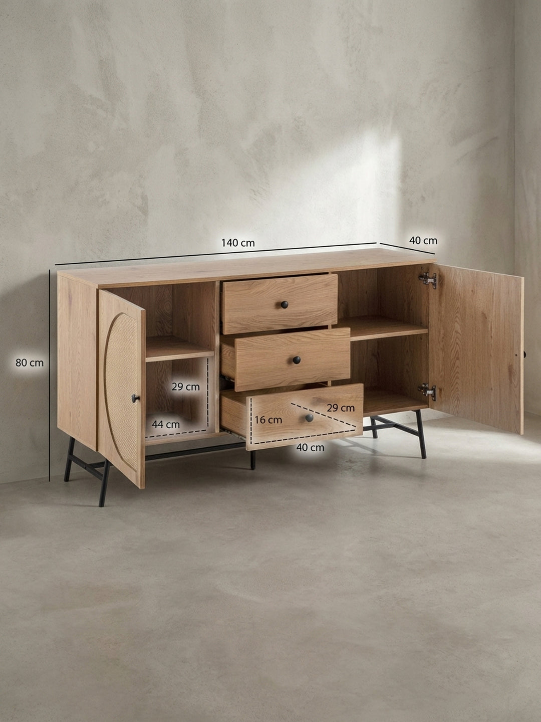 Technische Zeichnung mit den genauen Maßen der Kommode (140x80x40 cm) mit Bemaßungen für Schubladen und Fächer zur einfachen Raumplanung._