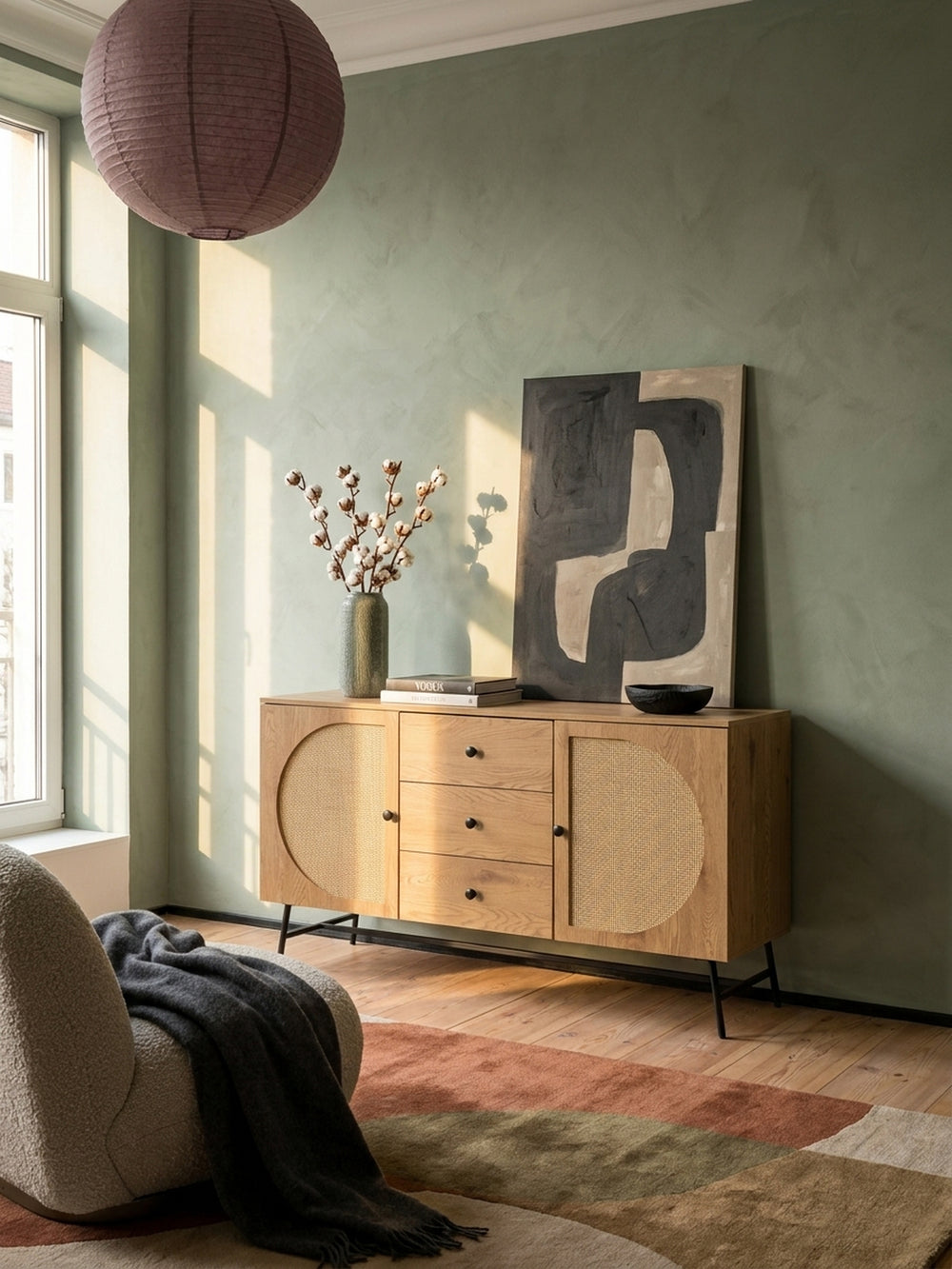 Ein modernes Sideboard im Eiche-Dekor mit Wiener Geflecht als Herzstück eines hellen Wohnzimmers im Japandi-Stil, auf einem Holzboden mit Wollteppich._