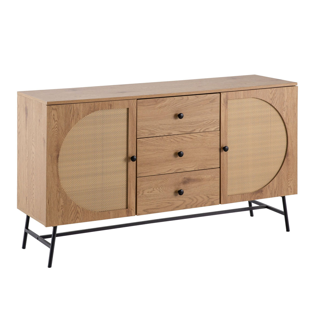 Sideboard – Eiche-Dekor/Rattan, 140x80x40 cm, 2 Türen, 3 Schubladen, hoch
