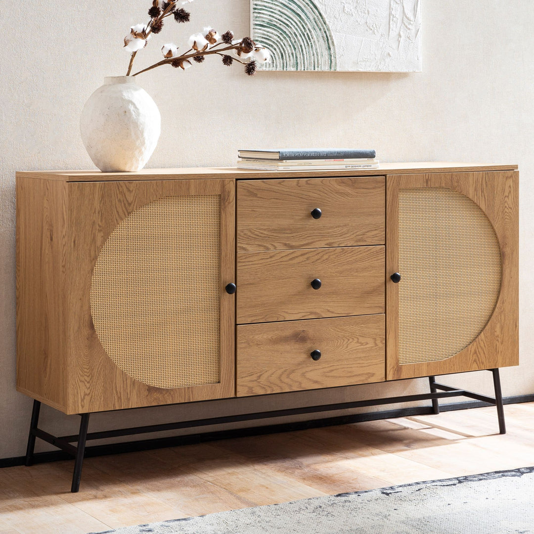Sideboard – Eiche-Dekor/Rattan, 140x80x40 cm, 2 Türen, 3 Schubladen, hoch