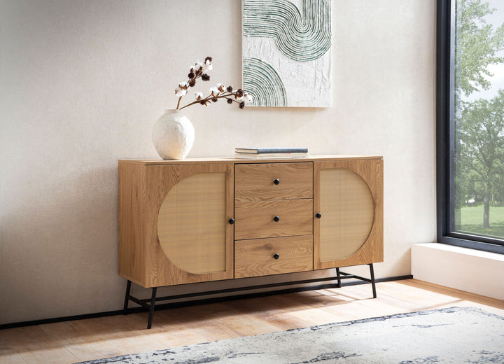 Sideboard – Eiche-Dekor/Rattan, 140x80x40 cm, 2 Türen, 3 Schubladen, hoch