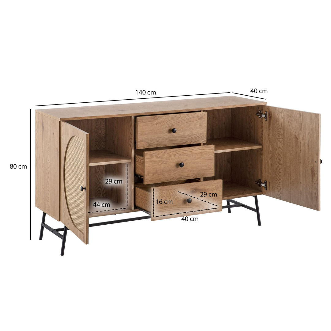 Sideboard – Eiche-Dekor/Rattan, 140x80x40 cm, 2 Türen, 3 Schubladen, hoch