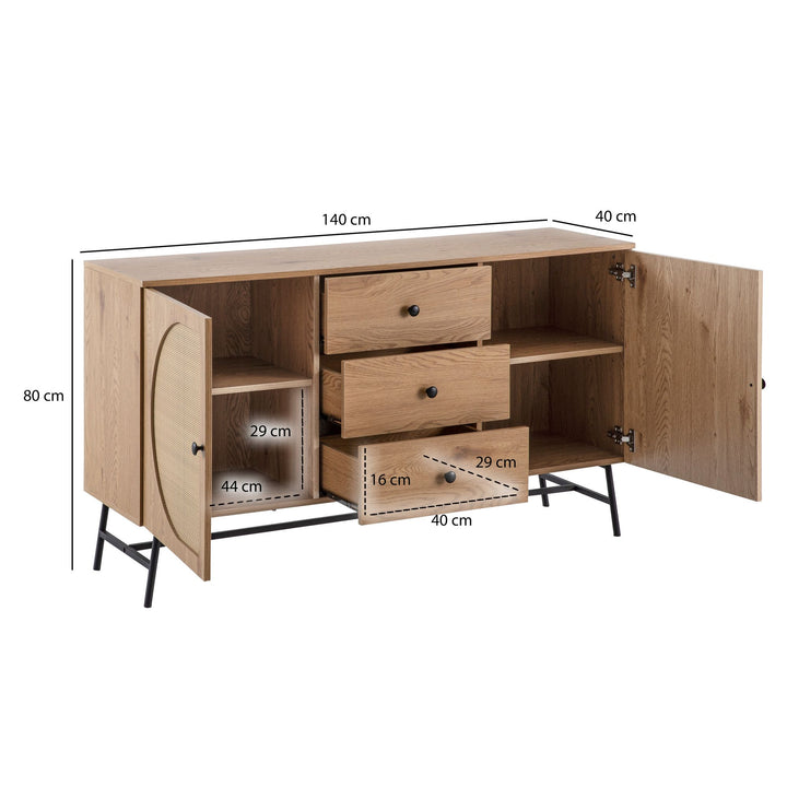 Sideboard – Eiche-Dekor/Rattan, 140x80x40 cm, 2 Türen, 3 Schubladen, hoch