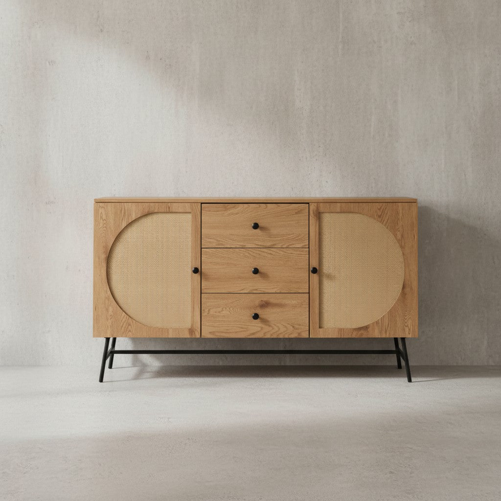 Sideboard 140x80x40 cm Kommode Eiche-Dekor mit Rattan Geflecht Modern - Hoher Kommodenschrank - Standschrank mit 2 Türen und 3 Schubladen - Anrichte Wohnzimmer_