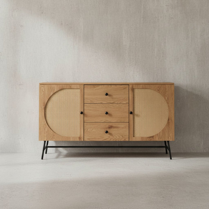 Sideboard 140x80x40 cm Kommode Eiche-Dekor mit Rattan Geflecht Modern - Hoher Kommodenschrank - Standschrank mit 2 Türen und 3 Schubladen - Anrichte Wohnzimmer_